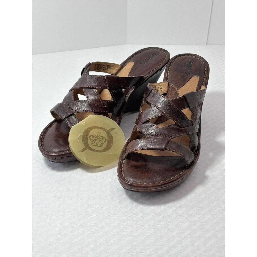 Born Womens Brown‎ Leather Wedge Sandals Shoes W6309 US Size 9 M/W EUR 40.5